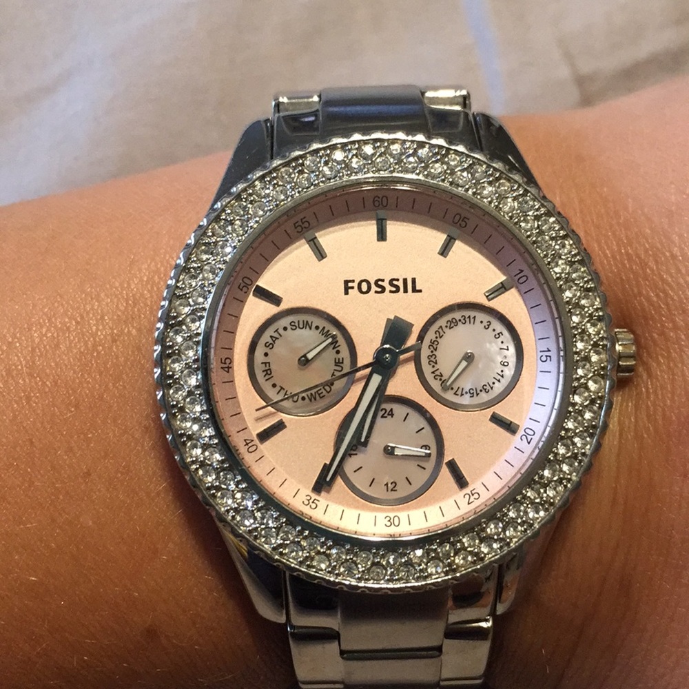 Silver fossil watch with pearl pink face & diamond